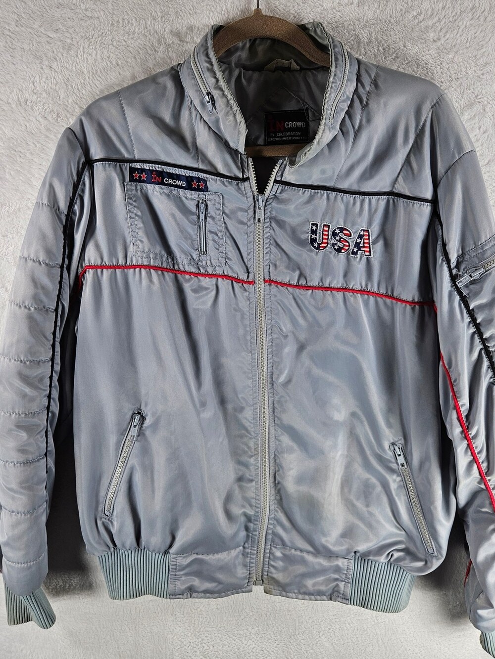 In Crowd by Celebration Embroidered Bomber Jacket Gray Size Large